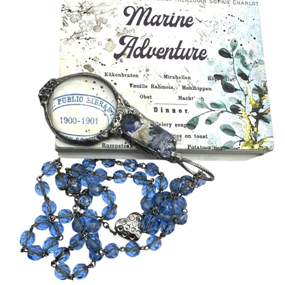 Natural Blue Opal & Magnifying Glass Silver Blend  Glass Beaded Artisan Necklace - Picture 1 of 11